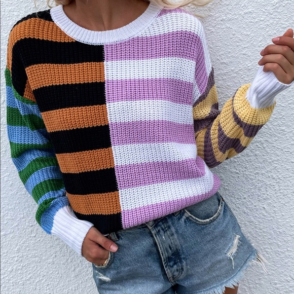 Spliced Mixed Stripes Scoop Neck Sweater - Picture 7 of 7